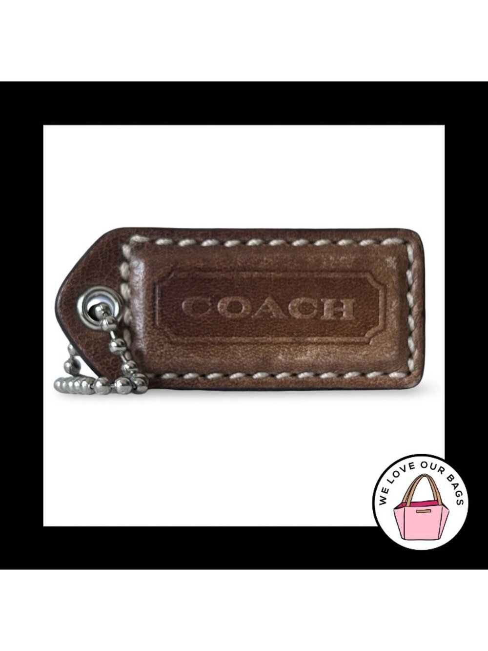 COACH Y2K VINTAGE Hang Tag 2" Brown Leather Nickel Bag Charm Keychain Fob Medium